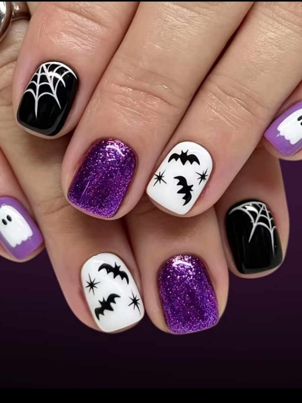 Halloween Nail Set - Purple Glitter, Black & White Ghosts